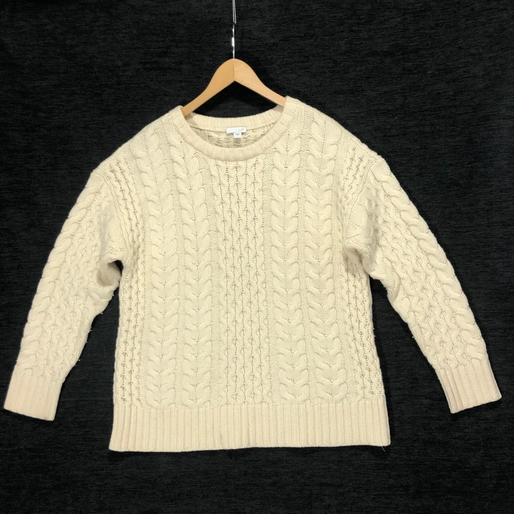 J. Jill Cable Knit Sweater Lambswool Blend Crew‎ Neck Pullover Ivory Small